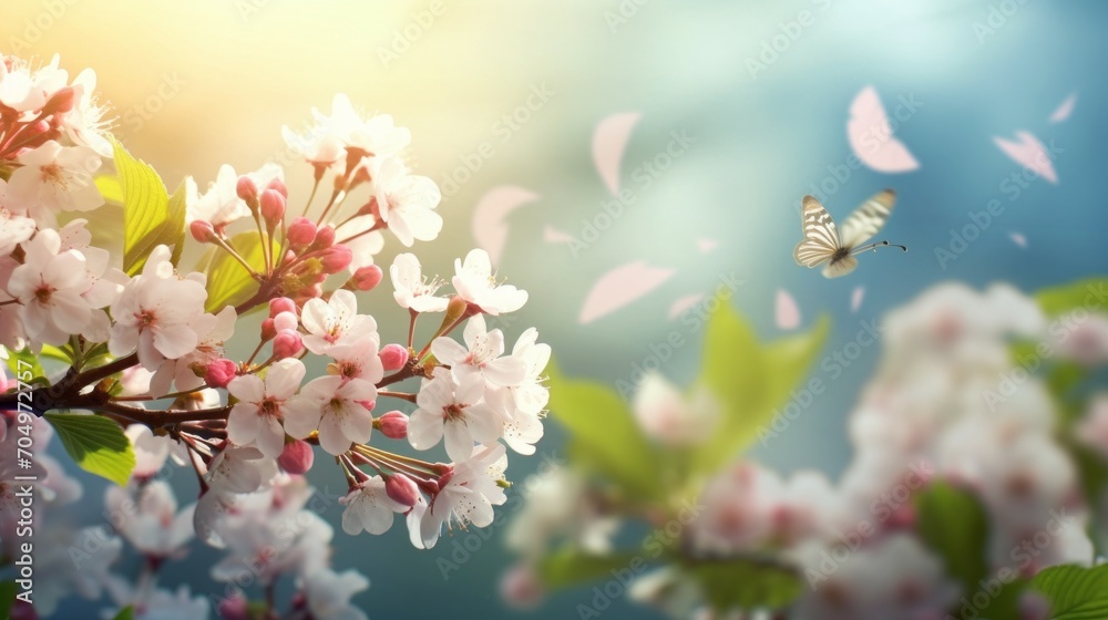A spring banner with copy space for text. Beautiful cherry blossoms on a sunny day. Landscape, nature.