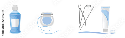 Oral Care and Dental Hygiene with Toothbrush, Mouthwash, Floss and Toothpaste Tube Vector Set