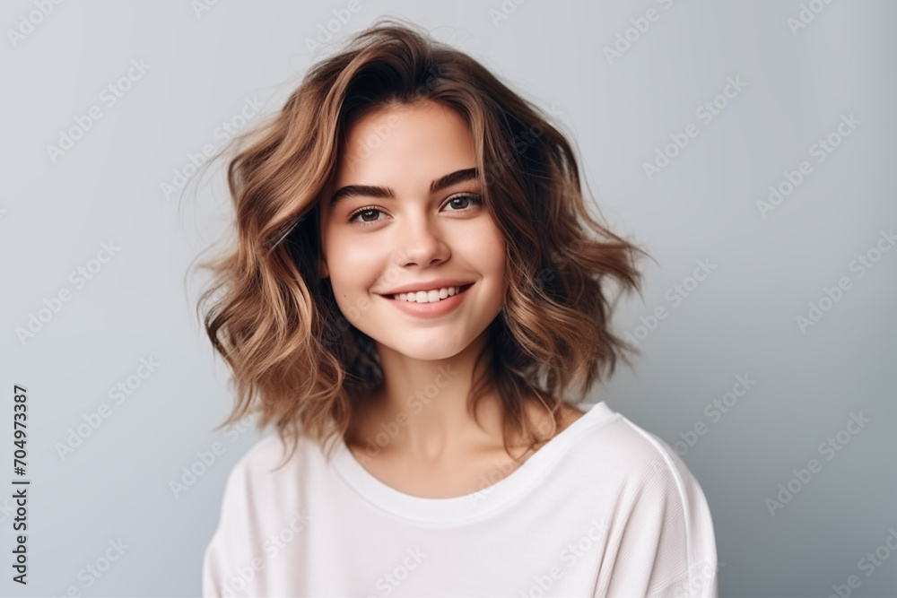 Studio shot of beautiful smilling young woman, looking at camera. Generative AI Studio shot of beautiful smilling young woman, looking at camera. Generative AI