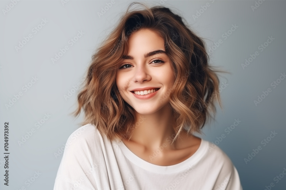 Studio shot of beautiful smilling young woman, looking at camera. Generative AI Studio shot of beautiful smilling young woman, looking at camera. Generative AI