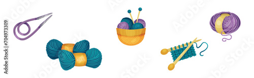 Knitting Object with Yarn and Needle Vector Set