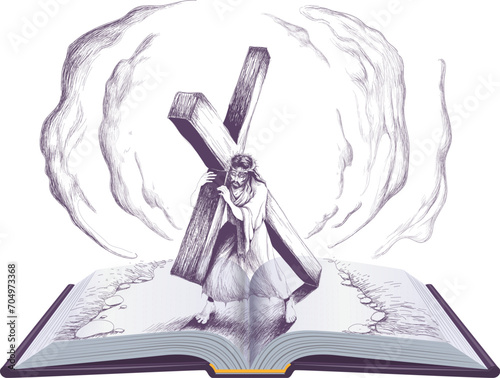Jesus carries cross open book bible page religion