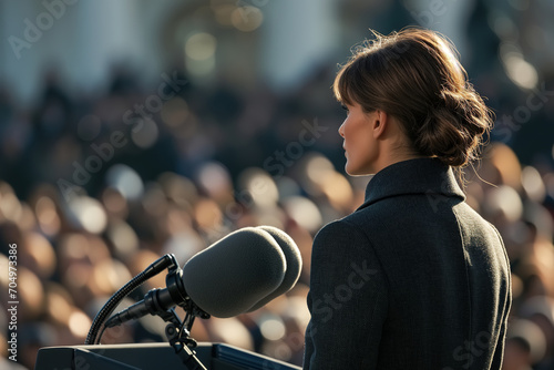 Back view of an adult Caucasian woman politician or president in a coat speaking on a podium in front of a crowd of people outdoors