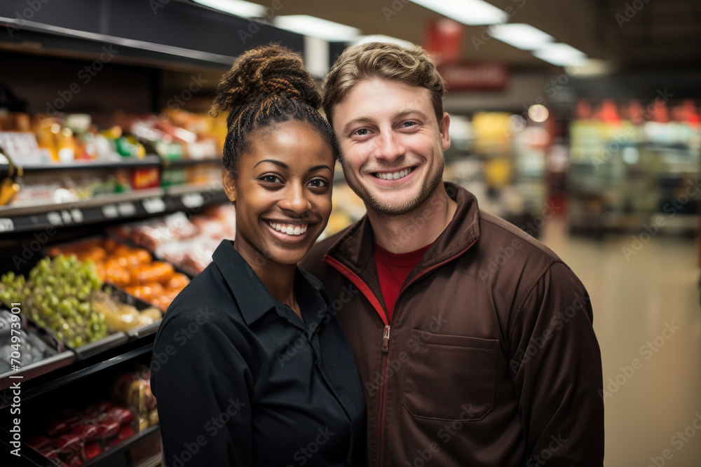 A loving interracial couple shopping at the supermarket.