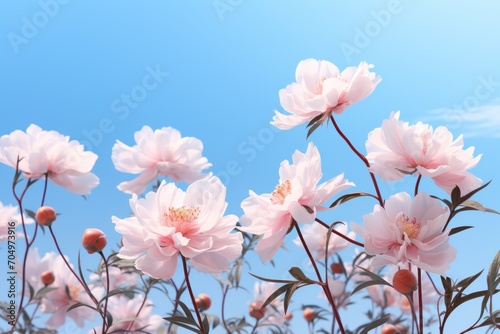  a close up of a flower on a white background with a blue sky in the background and a pink flower in the foreground.