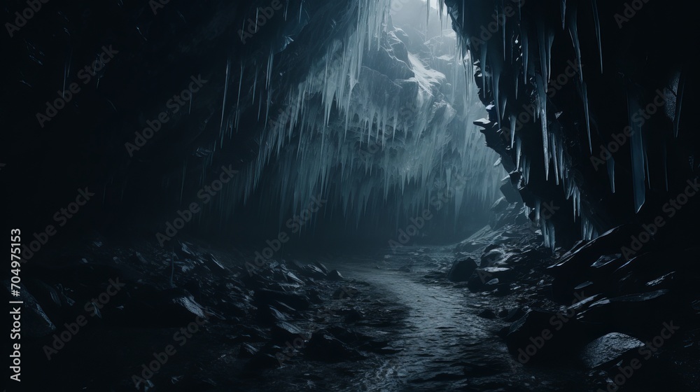 Inside a pitch-black cold cave in Iceland's Vatnajokull National Park, pure water cascades from icicles.