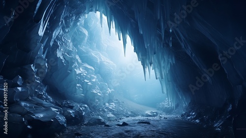 Inside a pitch-black cold cave in Iceland's Vatnajokull National Park, pure water cascades from icicles.