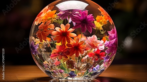 Within a crystal sphere, fragrant, colorful flowers with soft petals open and close.