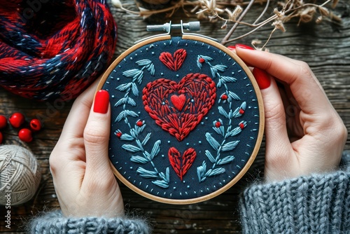 Hoop with embroidery of hearts in female hands. Valentine's Day. Generative AI