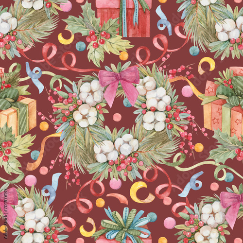 Wallpaper Mural New Year Christmas seamless pattern with Christmas wreath, confetti, gifts, mistletoe drawn in watercolor on a burgundy background. Festive print for wrapping paper, textiles, wallpaper, stationery. Torontodigital.ca