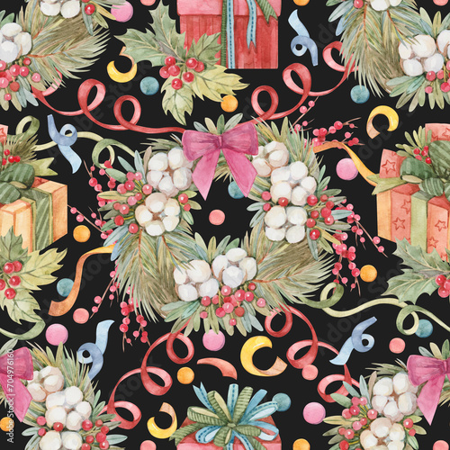 Wallpaper Mural New Year Christmas seamless pattern with Christmas wreath, confetti, gifts, mistletoe drawn in watercolor on black background. Festive print for wrapping paper, textiles, wallpaper, stationery. Torontodigital.ca