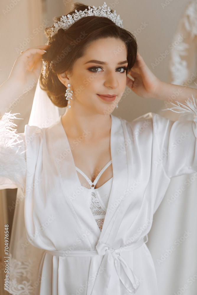 Morning of the bride before the wedding. A beautiful young woman with a veil and a beautiful hairstyle in a white robe in a room with a wonderful interior. Natural beauty and professional makeup.