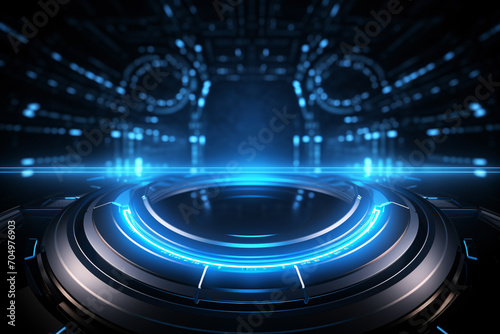 3D Futuristic Blue Podium with Abstract Blue Circular Technology Background