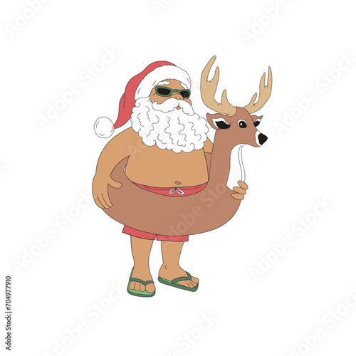 Retro beachy Santa Claus in swimsuit with reindeer swim ring vector illustration isolated on white. Groovy tropical summer Christmas print.