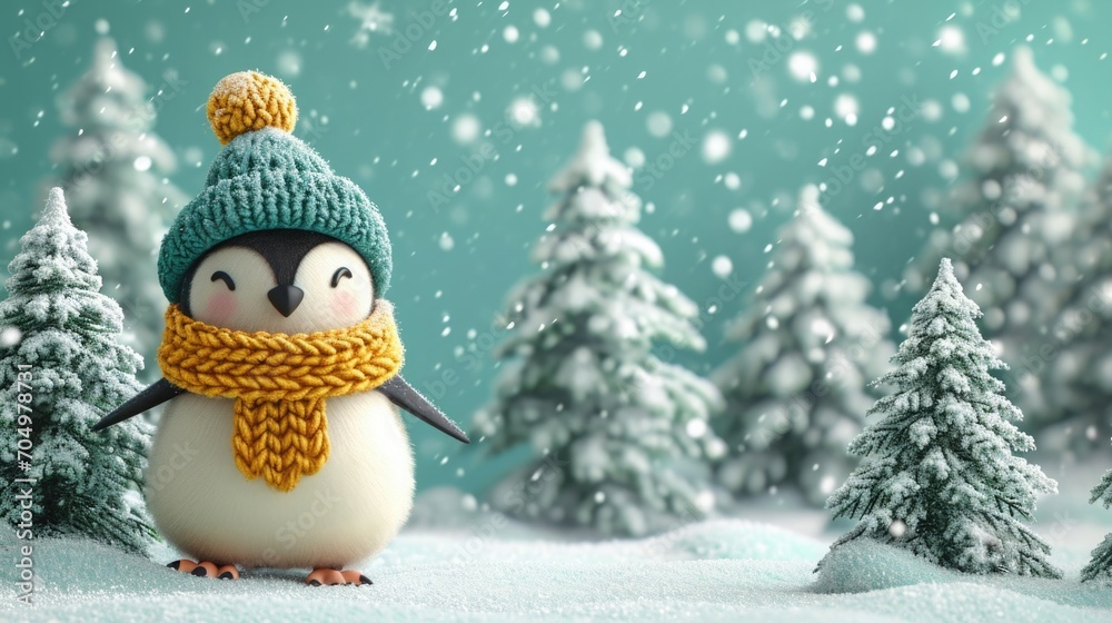 Obraz premium A cute penguin, adorned with a cozy knitted hat and a thick woven scarf, stands among snow-covered trees on a soft turquoise background. digital art