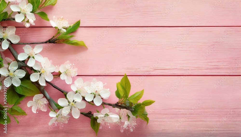 Kwitnące gałązki wiśni na różowych deskach. Wiosenne tło - obrazy, fototapety, plakaty 