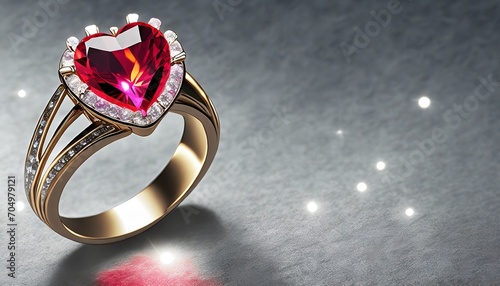 A ring with a red, heart-shaped crystal eyelet