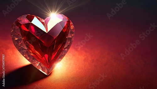 Kryształowe, czerwone serce na czerwonym ciemnym tle. Walentynkowe tło