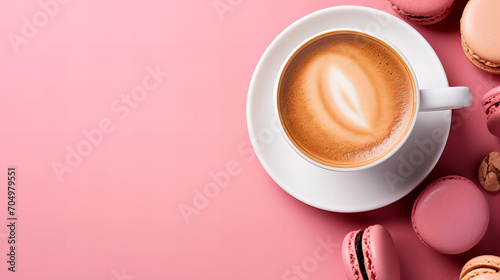 Top view of cup of cappuccino with whipped cream and pink macaroons on pink background. Background with a Copy Space, promotion advertising greeting card banner concept