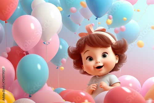 Baby shower. 3D kids birthday background. Girl announcement banner with flower and rainbow. Newborn toddler face. Pink balloons or stars. Children holiday. Vector design greeting card © Areesha