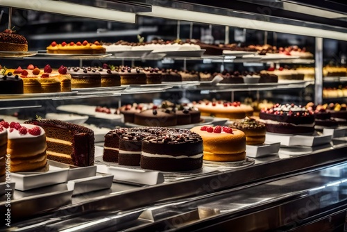 Small cakes on display at the patisserie counter photo