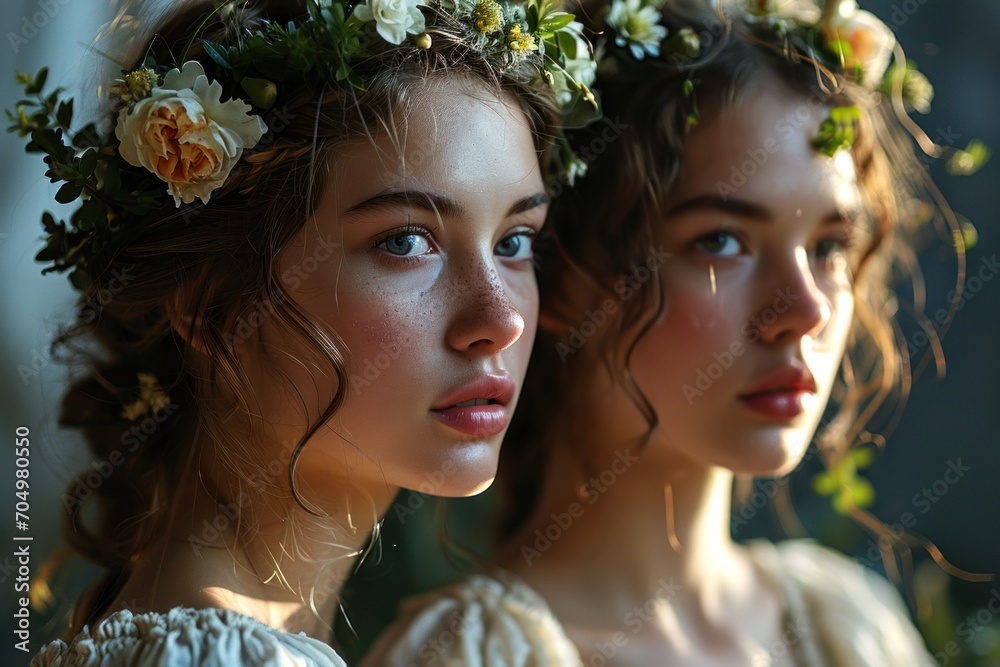 Naklejka premium Close-Up Portrait of a Gorgeous girl in a spring wreath of flowers