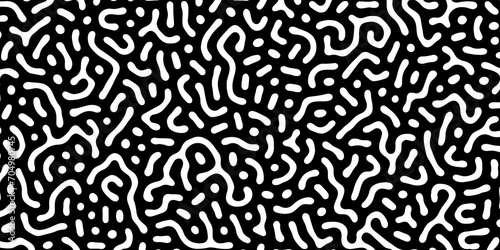 Abstract Turing organic wallpaper with background. Turing reaction diffusion monochrome seamless pattern with chaotic motion. Natural seamless line pattern. Linear design with biological shapes. © Mr John