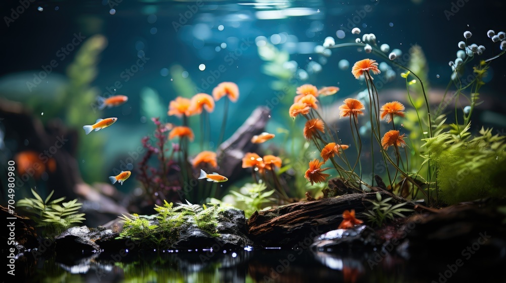 Aquarium with colorful aquatic plants, planted tank-like aquascaping and small fish