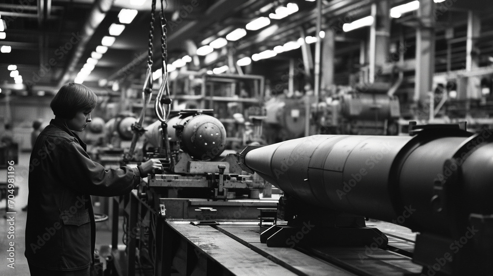 Fototapeta premium Rocket factory. Process of creating rockets and big missiles. 
