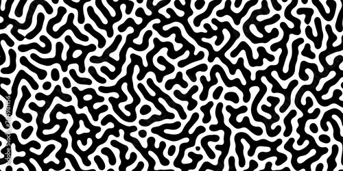 Abstract Turing organic wallpaper with background. Turing reaction diffusion monochrome seamless pattern with chaotic motion. Natural seamless line pattern. Linear design with biological shapes.