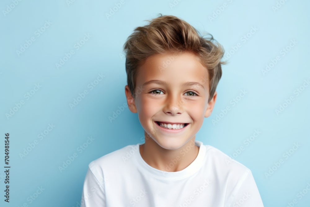 Closeup portrait of a smiling boy looking at camera over blue background Closeup portrait of a smiling boy looking at camera over blue background