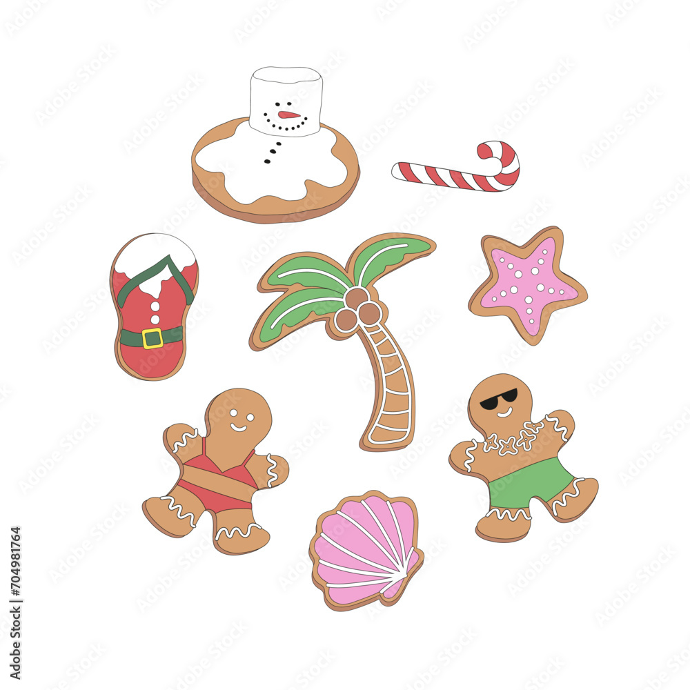 Fototapeta premium Retro Xmas bakery beachy gingerbread in swimsuit palm tree Santa flip flops melted snowman cookie vector illustration set isolated on white. Groovy tropical summer Christmas print.