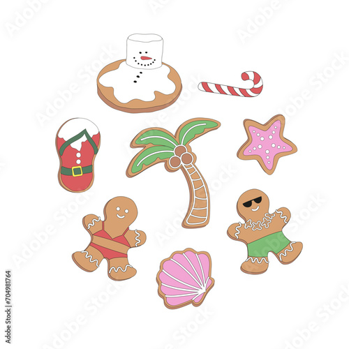 Retro Xmas bakery beachy gingerbread in swimsuit palm tree Santa flip flops melted snowman cookie vector illustration set isolated on white. Groovy tropical summer Christmas print.