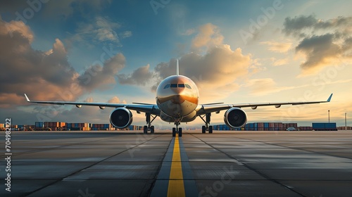 Passenger plane standing on the runway in the evening