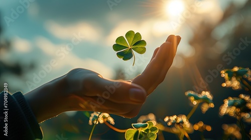 A lucky four-leaf clover leaf levitates in air above the hand. Catch your luck, be lucky
