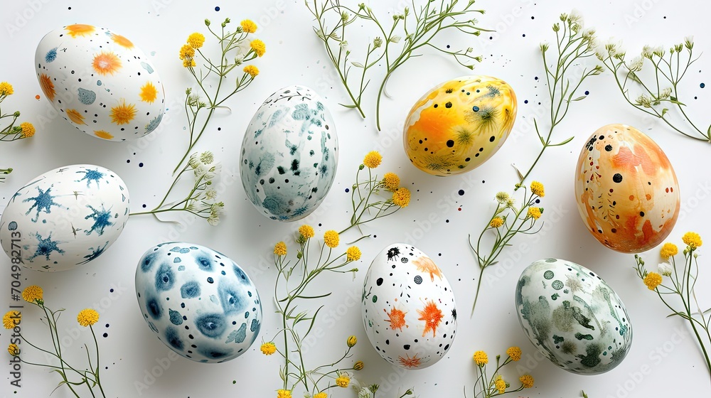 Easter colorful eggs with beautiful traditional natural floral painting and spring flowers