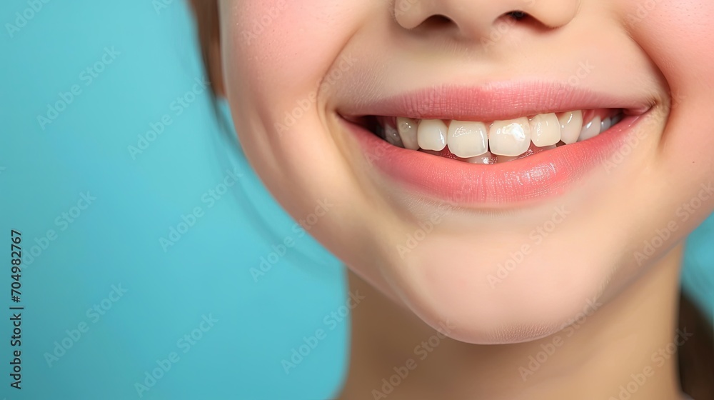Fototapeta premium Girl smiling showing her healthy teeth. Concept of healthy teeth and oral hygiene, dentistry