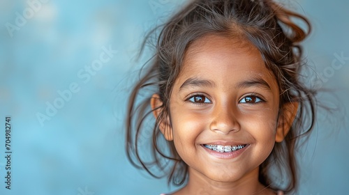 Indian young girl in braces on her teeth smiles happily on blue wall. Taking care of dental health and beauty 