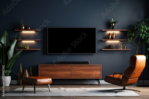 Cabinet TV in modern living room with leather armchair and accessories décor on dark blue wall background.3d rendering