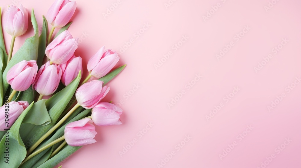 Top view of Bouquet of tulips flowers on pastel pink background with copy space. Beautiful composition spring flowers.