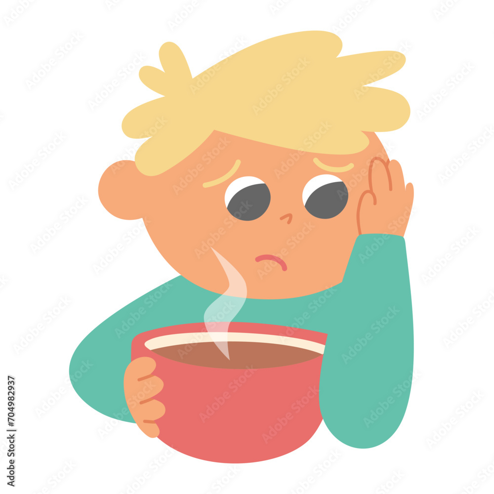 A sad kid has a headache, thinking about how to solve the problem, holding a cup of hot tea A sad kid has a headache, thinking about how to solve the problem, holding a cup of hot tea