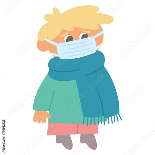 A kid has a flu and wearing medical face mask