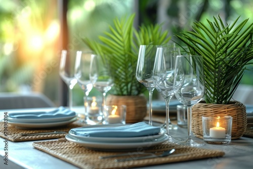 Table set in stylish white dining room, plants in the background, sunny background