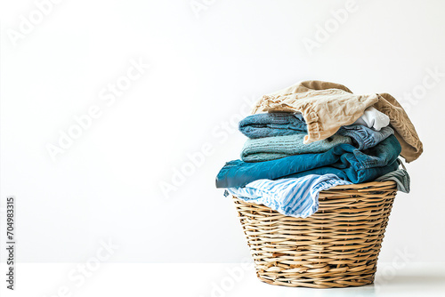 Overflowing laundry basket. Household chore concept on white background