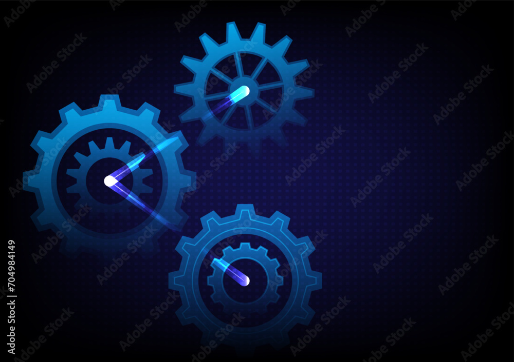 Abstract technology style background, three sets of gear wheel on square dots pattern background, dark blue tone