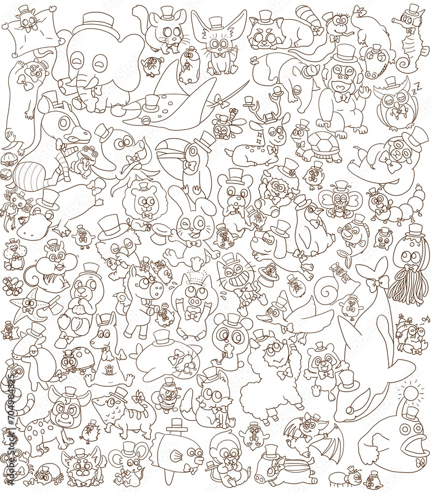 This illustration shows many animals wearing hats and bow ties. This illustration shows many animals wearing hats and bow ties.