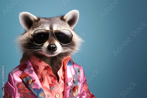 Creative animal concept. Raccoon racoon in glam fashionable couture high end outfits isolated on bright background advertisement, copy space. birthday party invite invitation banner 