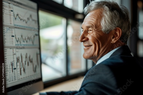 Elderly Man Analyzing Financial Data on Screen