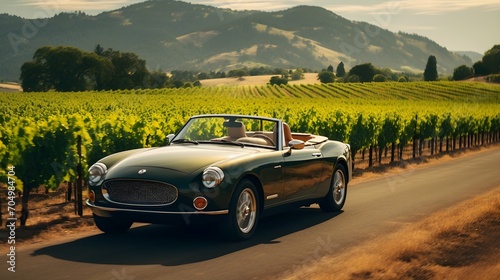 A carefree summer road trip snapshot capturing a convertible driving along a scenic vineyard