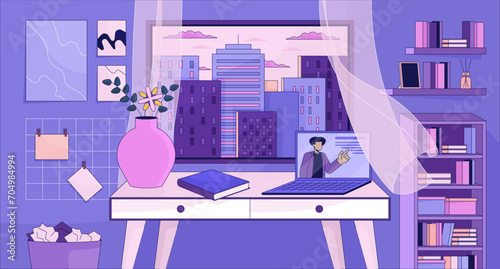 Cozy study space with bookshelves lofi wallpaper. Laptop table at window evening cityscape 2D cartoon flat illustration. E-learning. Dreamy vibes chill vector art, lo fi aesthetic colorful background